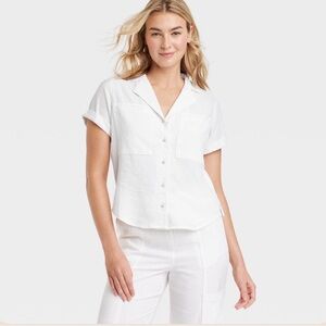 Universal Thread Short Sleeve Linen Blend Collared White Button-Down Shirt Large